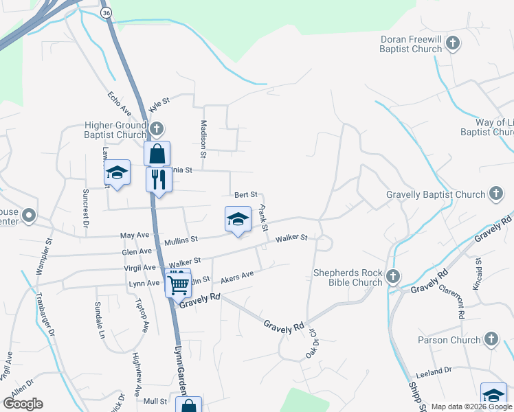 map of restaurants, bars, coffee shops, grocery stores, and more near 253 Edward Street in Kingsport