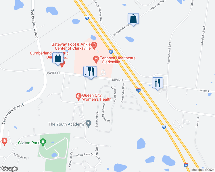 map of restaurants, bars, coffee shops, grocery stores, and more near 144 Lynnwood Circle in Clarksville
