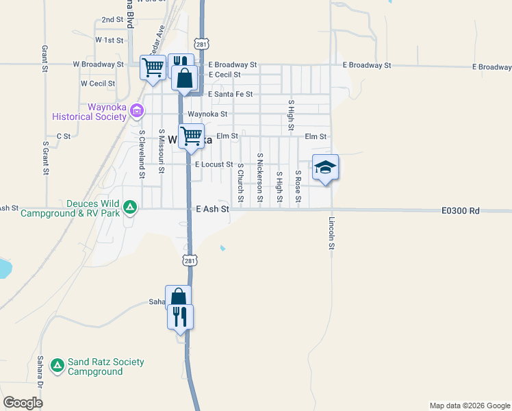 map of restaurants, bars, coffee shops, grocery stores, and more near 1019 South Nickerson Street in Waynoka