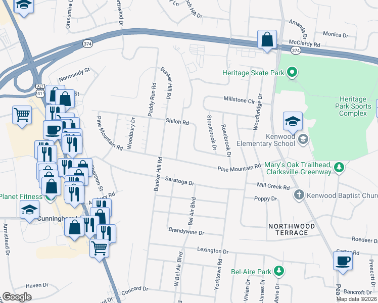 map of restaurants, bars, coffee shops, grocery stores, and more near 280 Shiloh Road in Clarksville