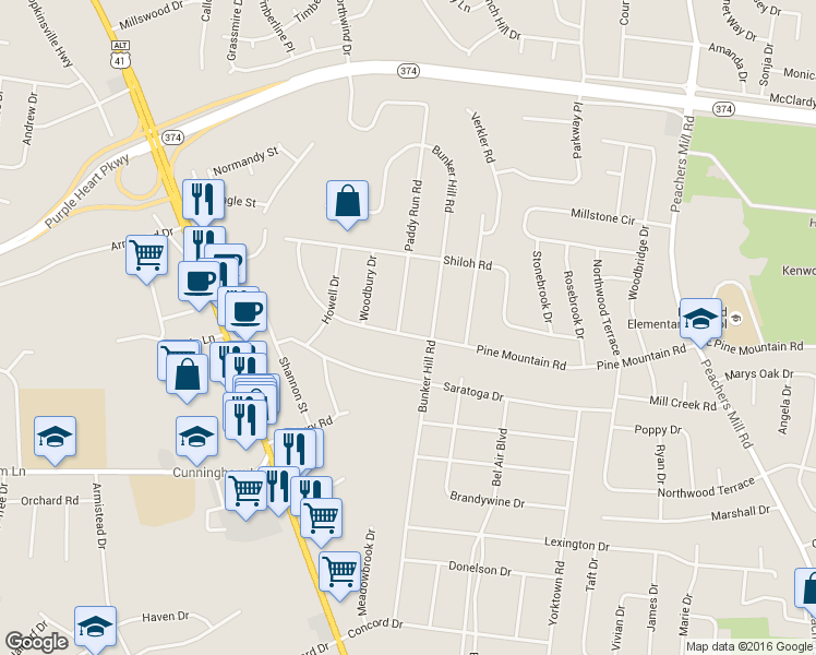 map of restaurants, bars, coffee shops, grocery stores, and more near 247 Pine Mountain Rd in Clarksville