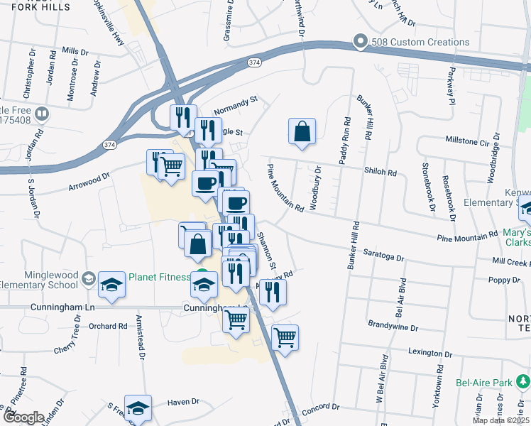 map of restaurants, bars, coffee shops, grocery stores, and more near 3 Saratoga Drive in Clarksville