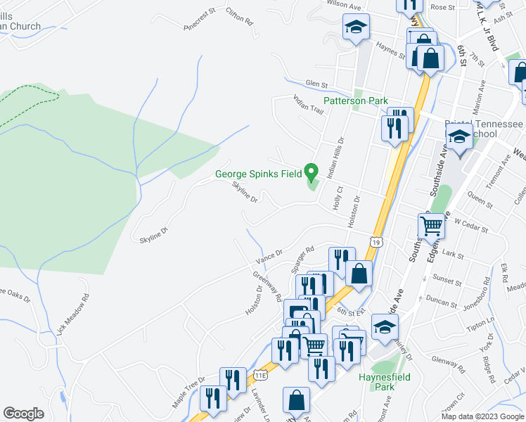 map of restaurants, bars, coffee shops, grocery stores, and more near 402 Knob Hill Drive in Bristol