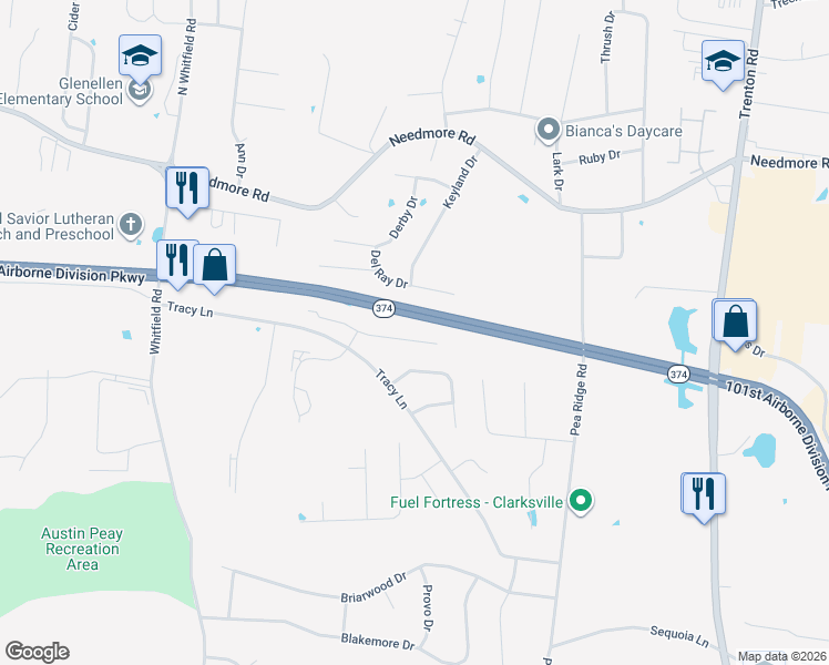 map of restaurants, bars, coffee shops, grocery stores, and more near 781 Cherrybark Lane in Clarksville