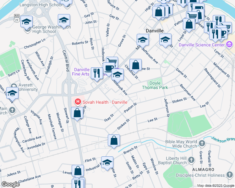 map of restaurants, bars, coffee shops, grocery stores, and more near 310 Sutherlin Place in Danville