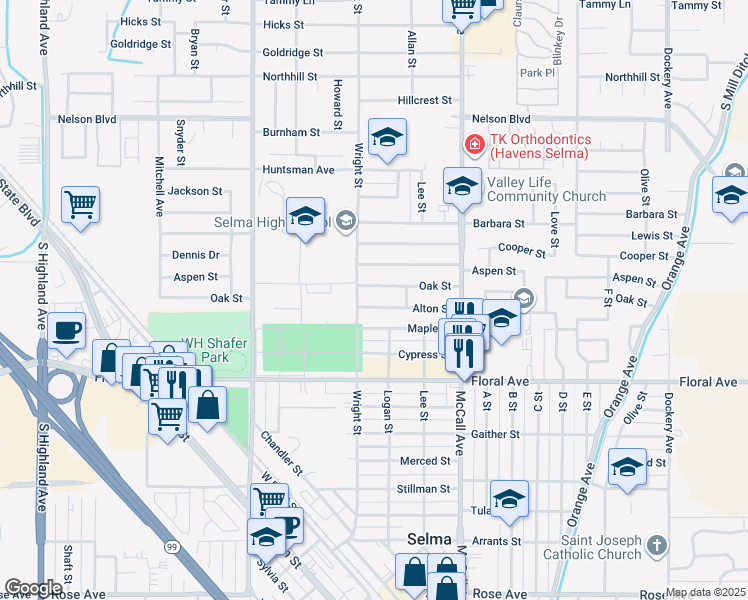map of restaurants, bars, coffee shops, grocery stores, and more near 2222 Alton Street in Selma