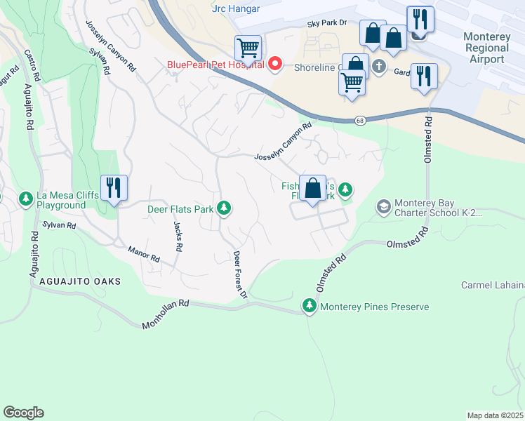 map of restaurants, bars, coffee shops, grocery stores, and more near 16 Deer Stalker Path in Monterey