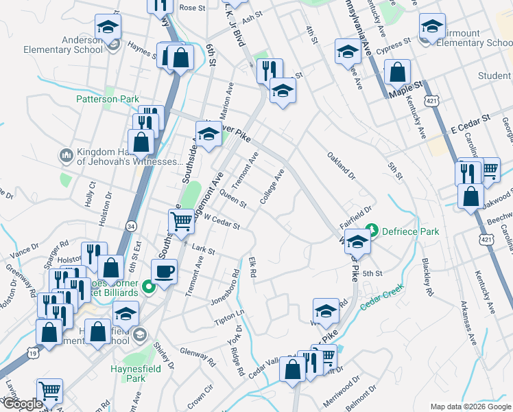 map of restaurants, bars, coffee shops, grocery stores, and more near 101 Queen Street in Bristol