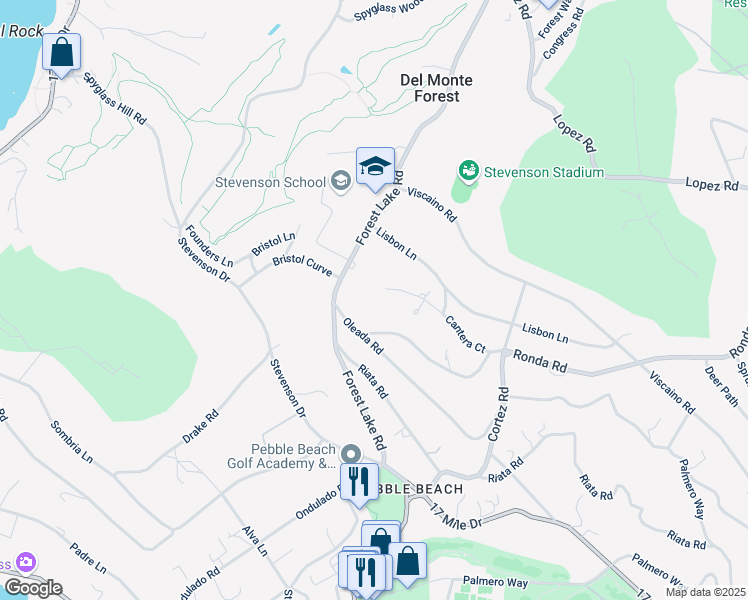 map of restaurants, bars, coffee shops, grocery stores, and more near 1264 Cantera Court in Del Monte Forest