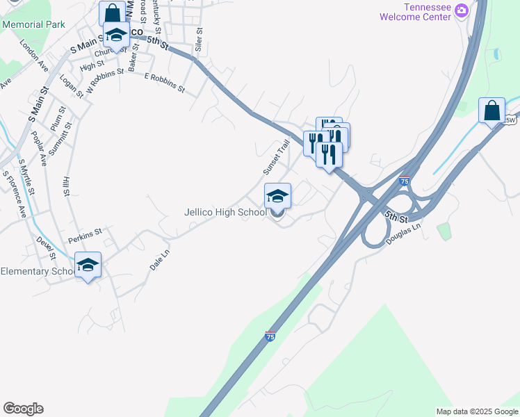 map of restaurants, bars, coffee shops, grocery stores, and more near 141 High School Lane in Jellico