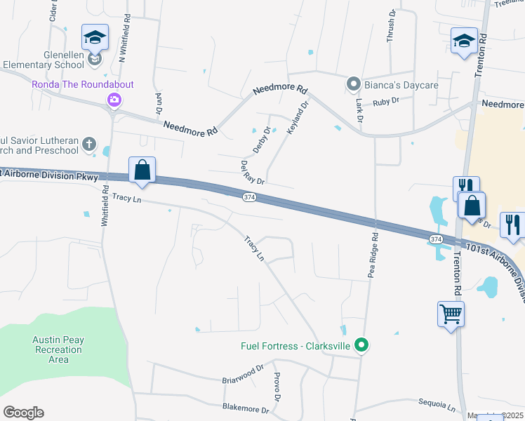 map of restaurants, bars, coffee shops, grocery stores, and more near 785 Cherrybark Lane in Clarksville