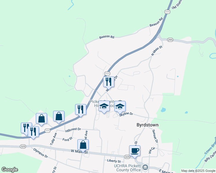 map of restaurants, bars, coffee shops, grocery stores, and more near 1211 Woodlawn Drive in Byrdstown