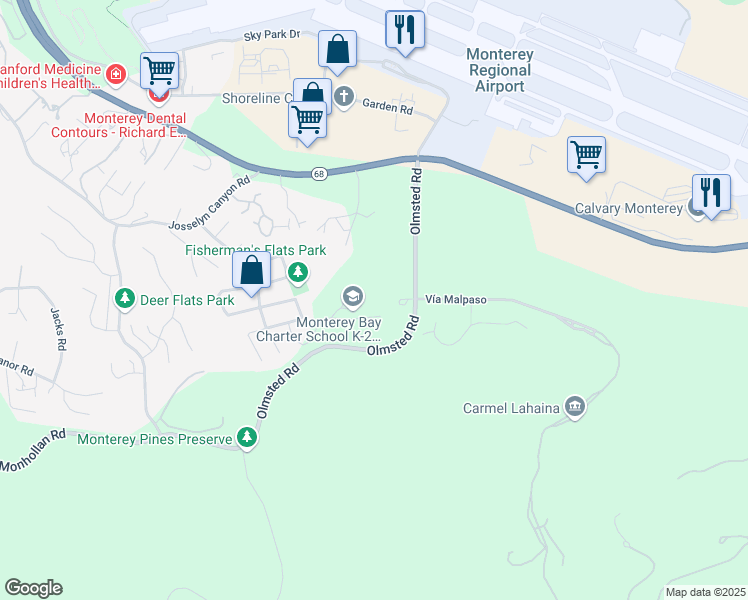 map of restaurants, bars, coffee shops, grocery stores, and more near 1700 Vía Casoli in Monterey