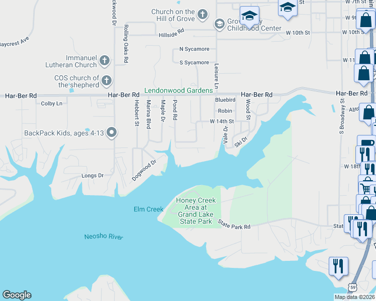map of restaurants, bars, coffee shops, grocery stores, and more near 1116 West 17th Street in Grove