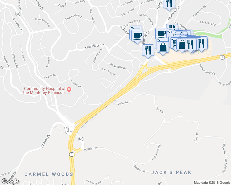 map of restaurants, bars, coffee shops, grocery stores, and more near 99 Castanada Place in Monterey