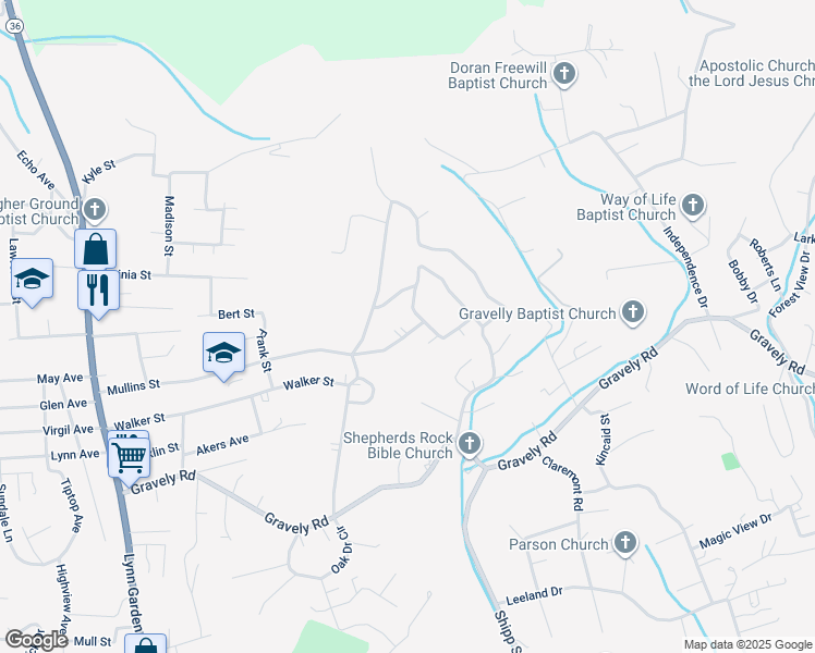 map of restaurants, bars, coffee shops, grocery stores, and more near 413 Mullins Street in Kingsport