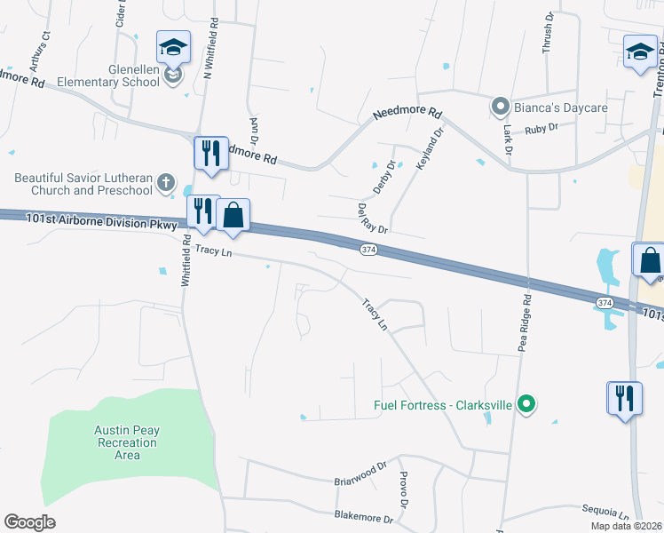 map of restaurants, bars, coffee shops, grocery stores, and more near 812 Oak Arbor Court in Clarksville