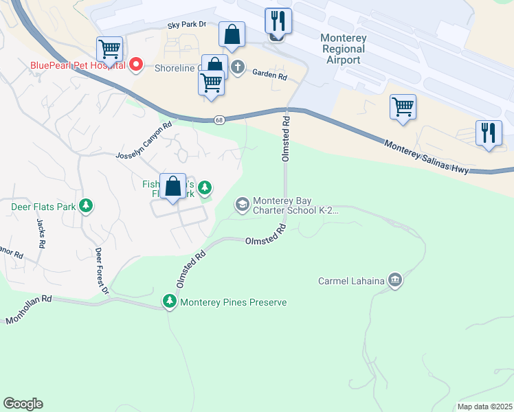 map of restaurants, bars, coffee shops, grocery stores, and more near 1700 Vía Casoli in Monterey