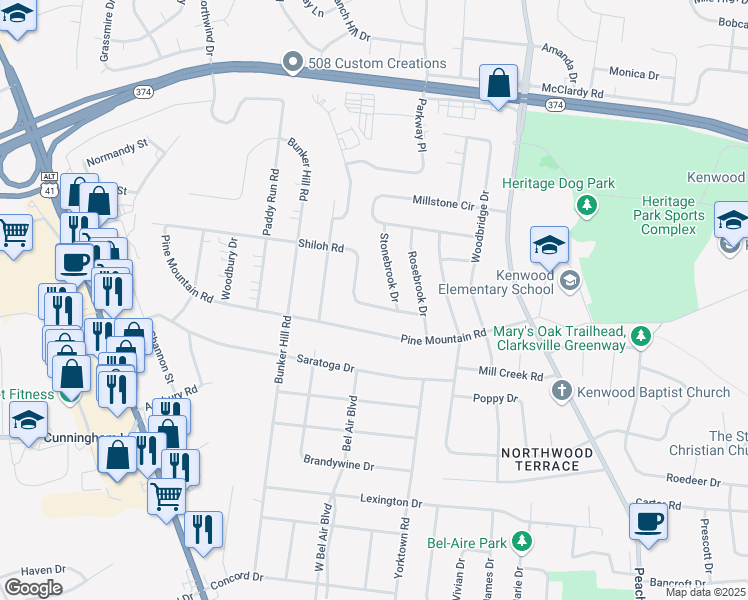 map of restaurants, bars, coffee shops, grocery stores, and more near 289 Shiloh Road in Clarksville