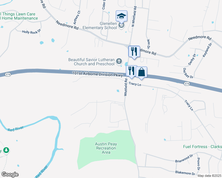 map of restaurants, bars, coffee shops, grocery stores, and more near 2504 Whitfield Road in Clarksville