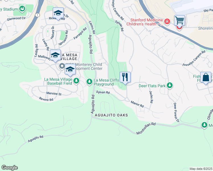 map of restaurants, bars, coffee shops, grocery stores, and more near 1337 Castro Ct in Monterey