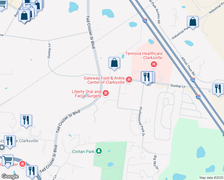 map of restaurants, bars, coffee shops, grocery stores, and more near 490 Dunlop Lane in Clarksville