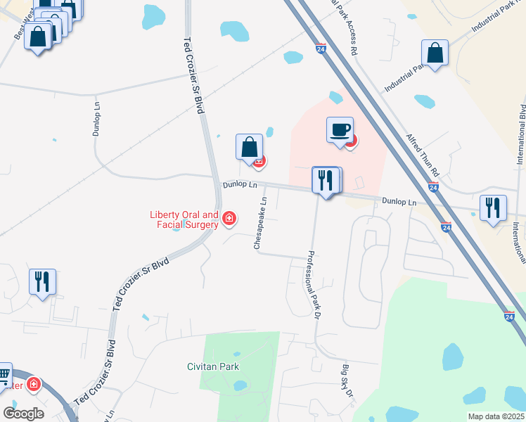 map of restaurants, bars, coffee shops, grocery stores, and more near 175 Chesapeake Lane in Clarksville