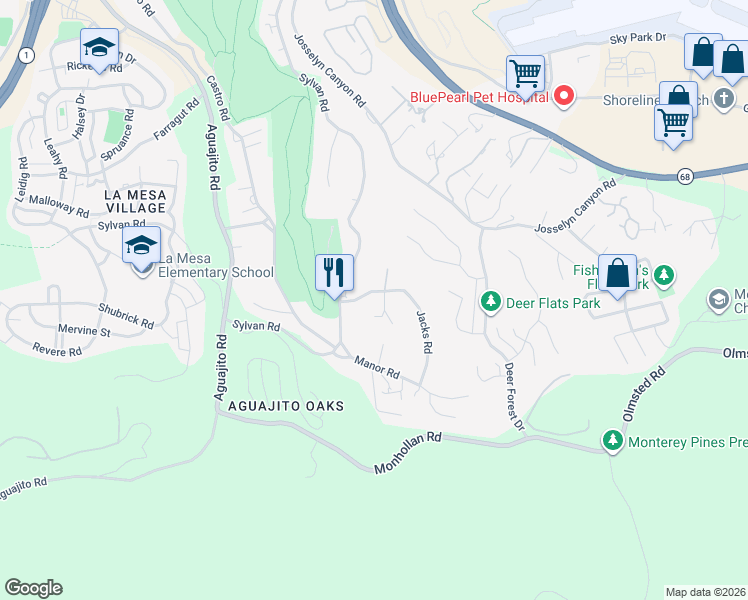 map of restaurants, bars, coffee shops, grocery stores, and more near 68 Deer Flat Road in Monterey
