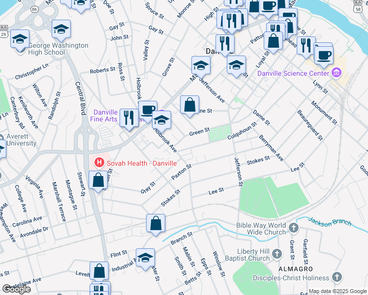 map of restaurants, bars, coffee shops, grocery stores, and more near 896 Colquhoun Street in Danville