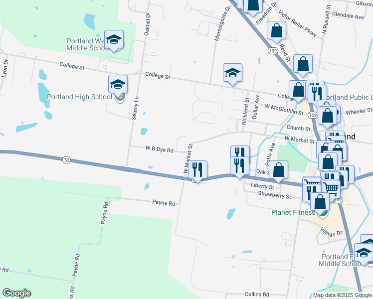 map of restaurants, bars, coffee shops, grocery stores, and more near 100 Wb Dye Road in Portland