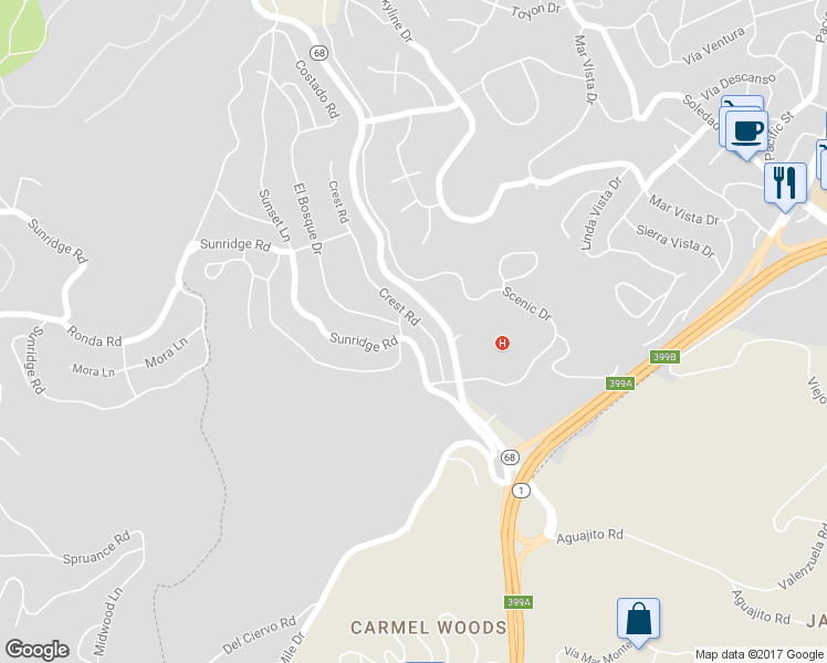 map of restaurants, bars, coffee shops, grocery stores, and more near 4168 Crest Road in Del Monte Forest