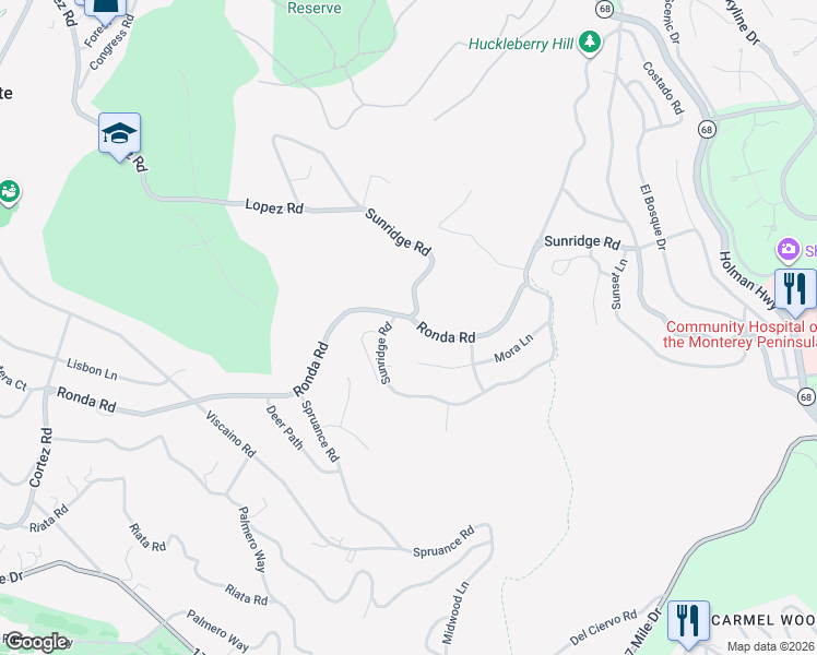 map of restaurants, bars, coffee shops, grocery stores, and more near 4020 Ronda Road in Del Monte Forest