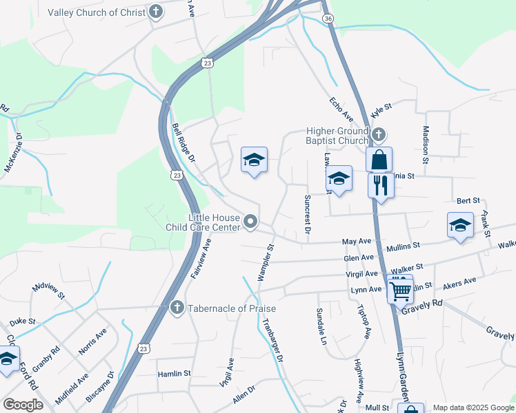 map of restaurants, bars, coffee shops, grocery stores, and more near 1108 Harrison Avenue in Kingsport