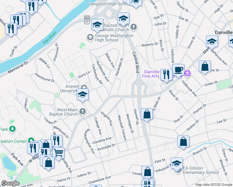 map of restaurants, bars, coffee shops, grocery stores, and more near 278 West Main Street in Danville