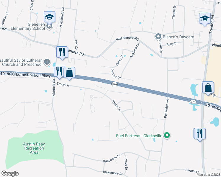 map of restaurants, bars, coffee shops, grocery stores, and more near 797 Cherrybark Lane in Clarksville