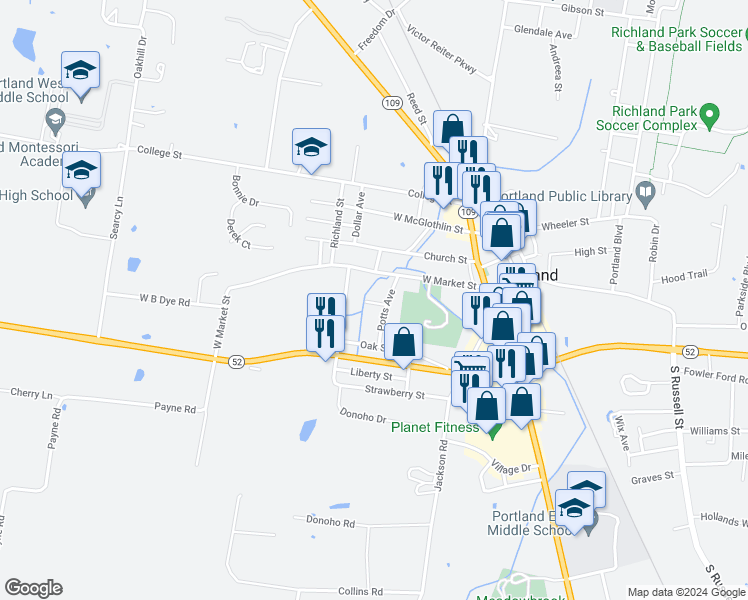 map of restaurants, bars, coffee shops, grocery stores, and more near 105 Roark Drive in Portland