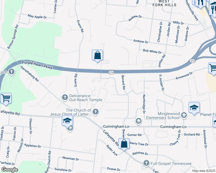map of restaurants, bars, coffee shops, grocery stores, and more near 505 Havendale Court in Clarksville
