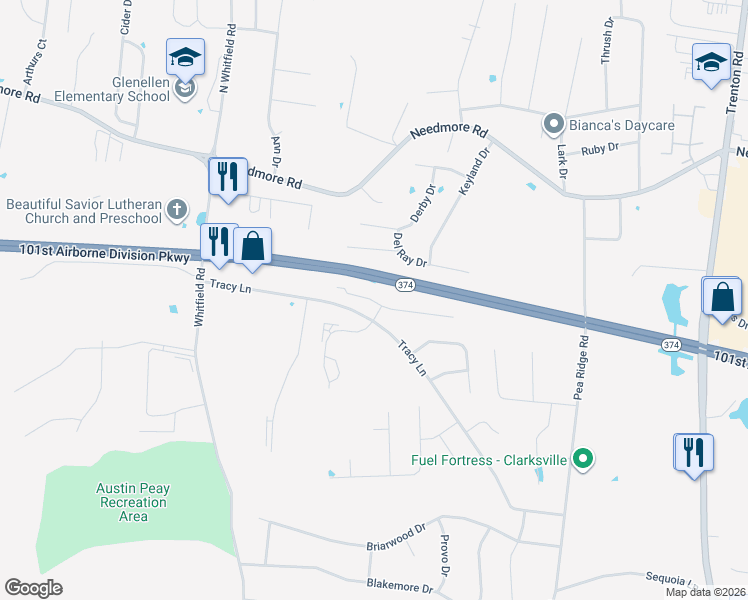map of restaurants, bars, coffee shops, grocery stores, and more near 797 Cherrybark Lane in Clarksville