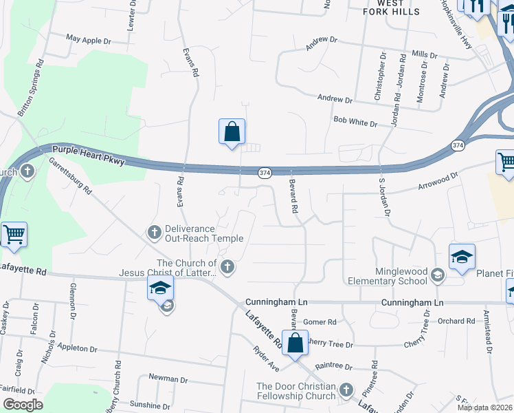 map of restaurants, bars, coffee shops, grocery stores, and more near 1718 Thistlewood Drive in Clarksville