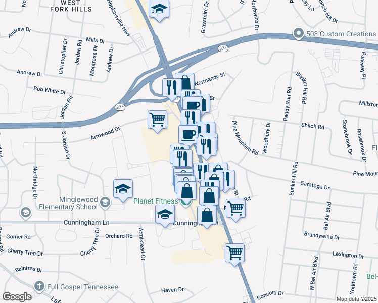 map of restaurants, bars, coffee shops, grocery stores, and more near 1674 Fort Campbell Boulevard in Clarksville
