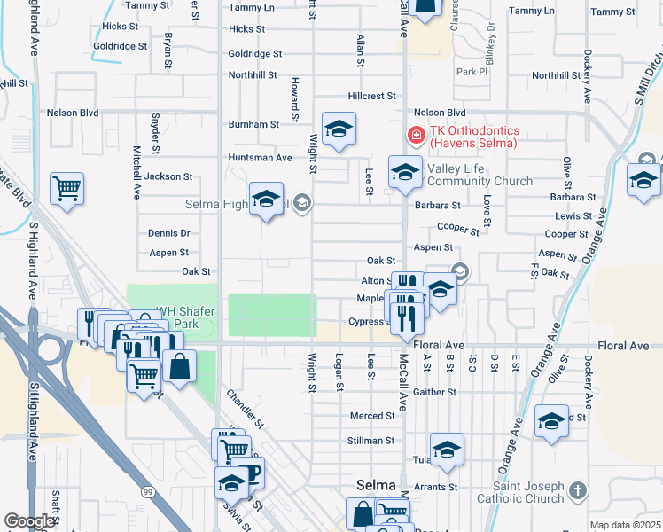 map of restaurants, bars, coffee shops, grocery stores, and more near 2222 Alton Street in Selma