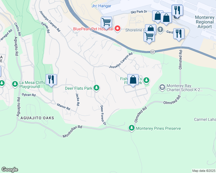 map of restaurants, bars, coffee shops, grocery stores, and more near 16 Deer Stalker Path in Monterey