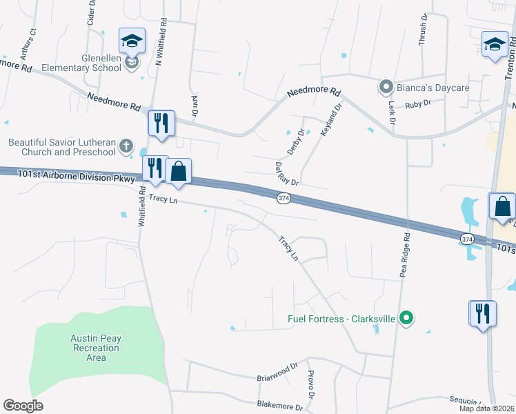 map of restaurants, bars, coffee shops, grocery stores, and more near 820 Oak Arbor Court in Clarksville