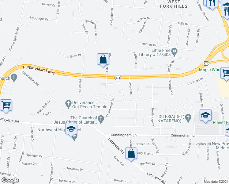 map of restaurants, bars, coffee shops, grocery stores, and more near 1718 Thistlewood Drive in Clarksville