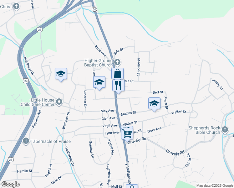 map of restaurants, bars, coffee shops, grocery stores, and more near 1501 Lynn Garden Dr in Kingsport