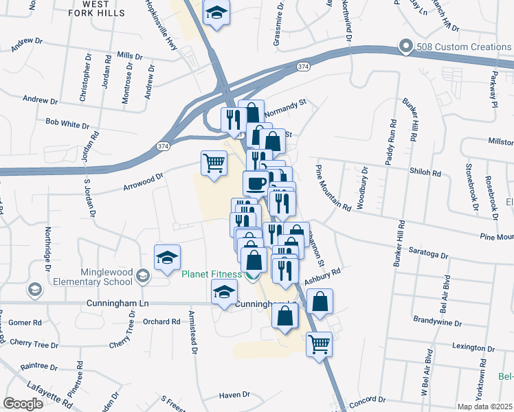 map of restaurants, bars, coffee shops, grocery stores, and more near 1674 Fort Campbell Boulevard in Clarksville
