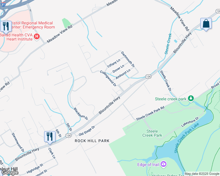 map of restaurants, bars, coffee shops, grocery stores, and more near 967 Tennessee 126 in Bristol