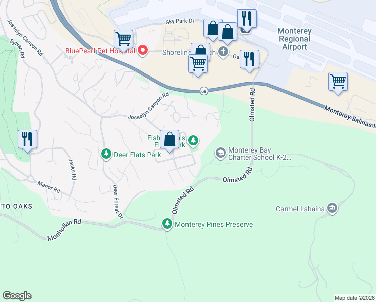 map of restaurants, bars, coffee shops, grocery stores, and more near 2117 San Vito Circle in Monterey