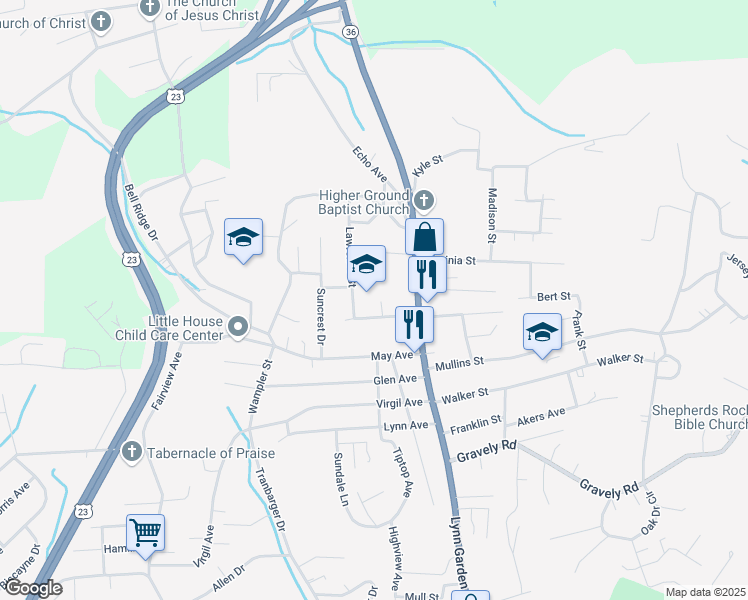 map of restaurants, bars, coffee shops, grocery stores, and more near 1500 Woodland Avenue in Kingsport