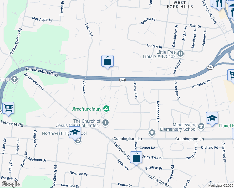 map of restaurants, bars, coffee shops, grocery stores, and more near 1718 Thistlewood Drive in Clarksville